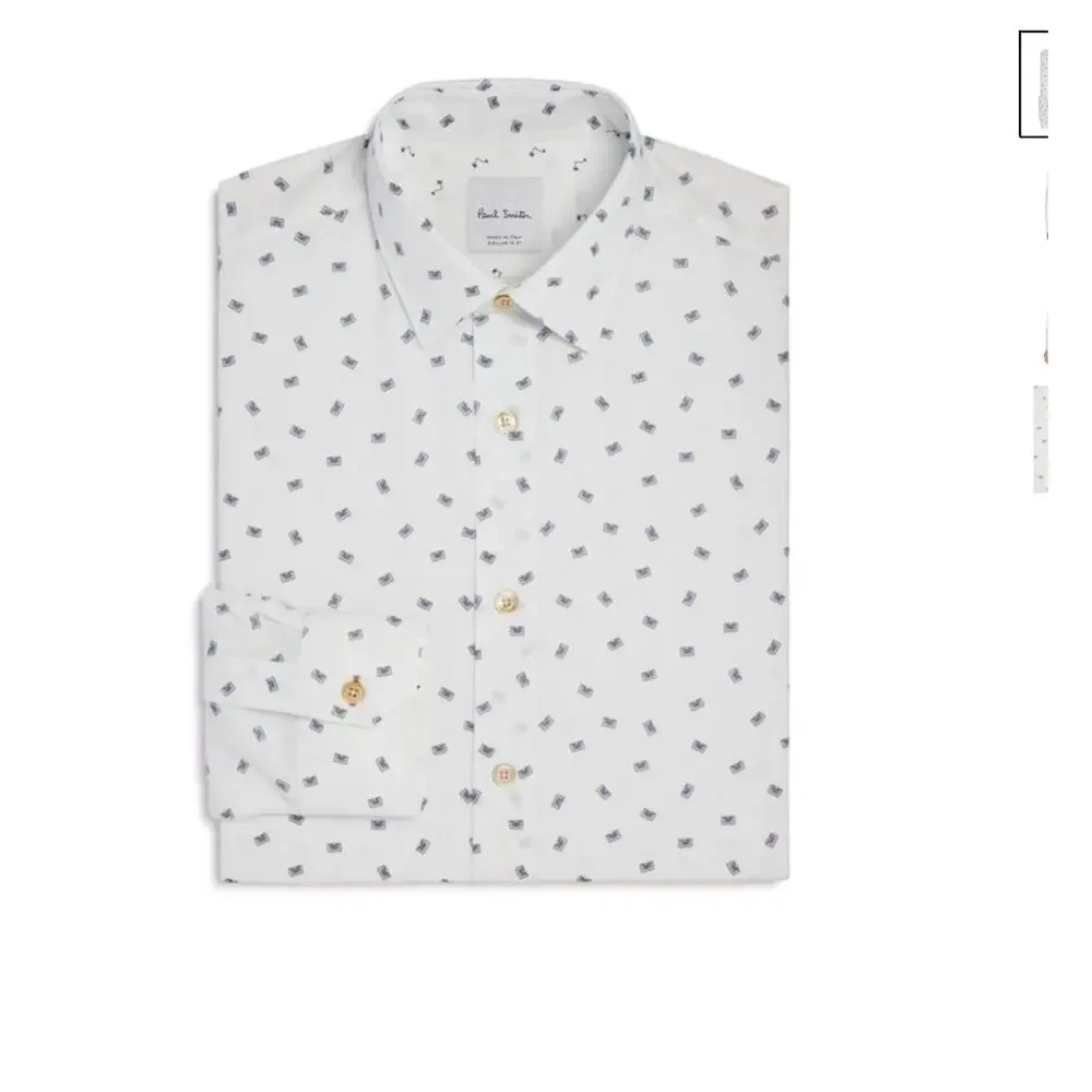 Paul Smith Italy Cassette Tape Print Cotton Dress Shirt White Navy Men's 17.5